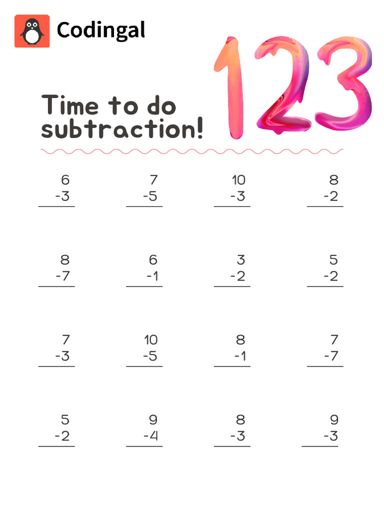 Bi-Color Subtraction Math Foundational Worksheet | PDF
