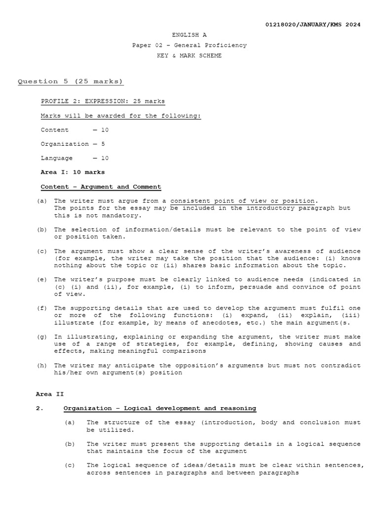 CXC Mark Scheme Q. 5 Jan 2024 | PDF | Sentence (Linguistics) | English ...