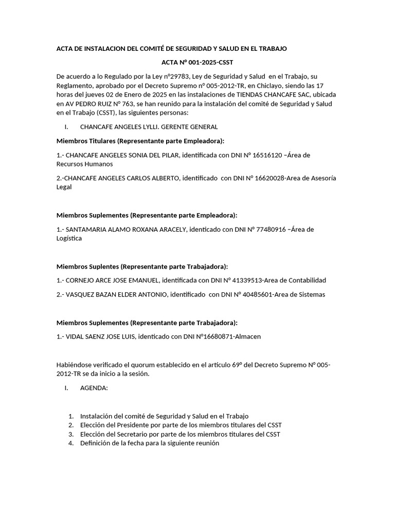 Acta de Instalacion Del Comité de Seguridad y Salud en El Trabajo | PDF ...