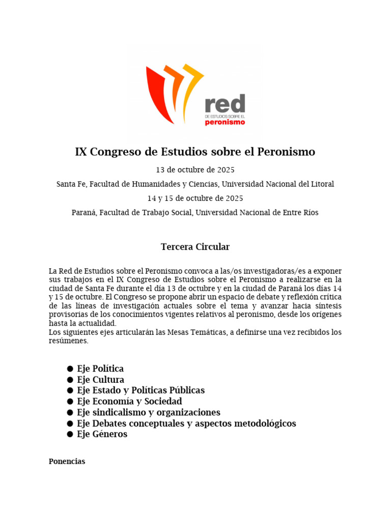 IX Congreso de Estudios sobre Peronismo | PDF | Educación en artes ...