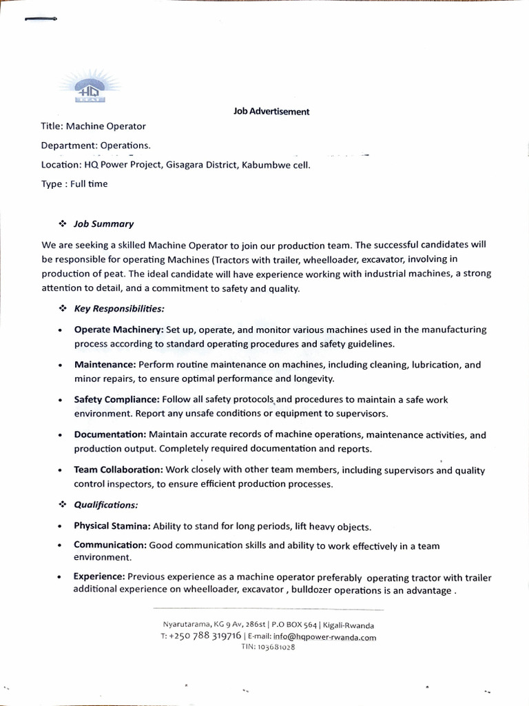 Machine Operator Job Advertisement | PDF