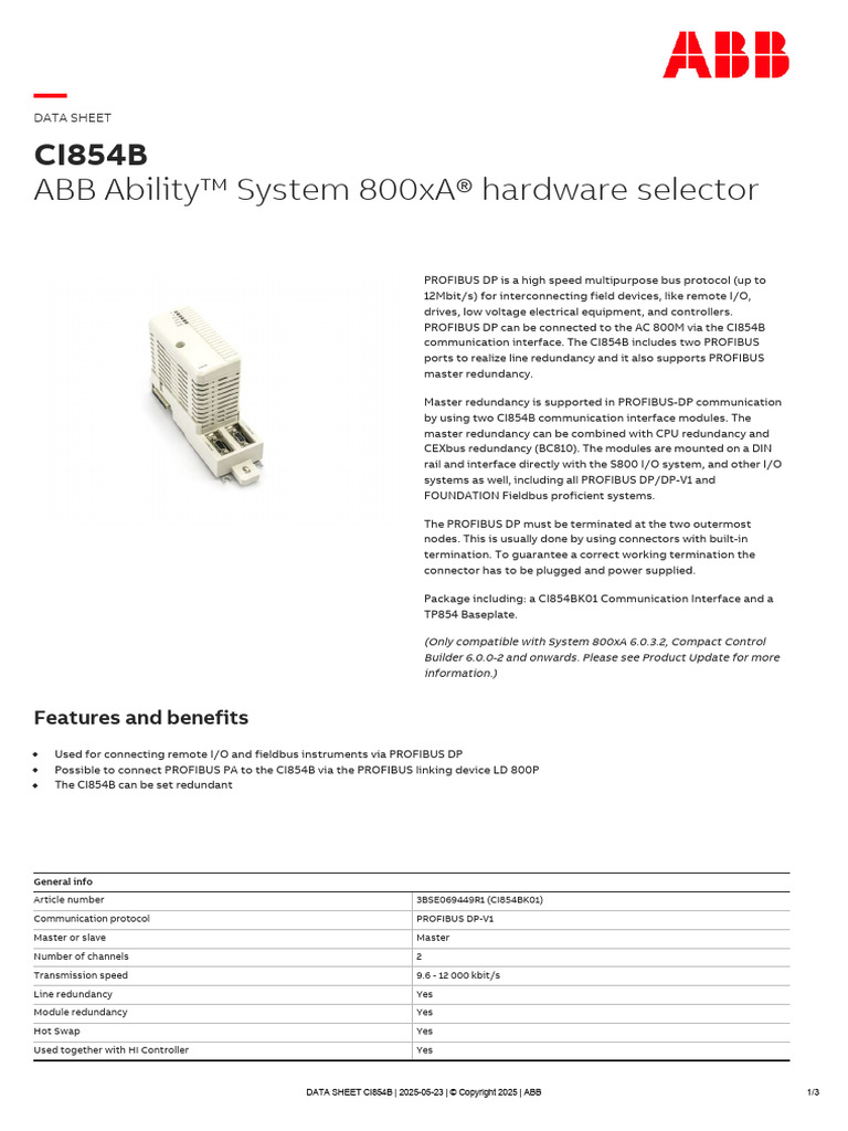 CI854B PROFIBUS DP Interface Data Sheet | PDF | Information And ...