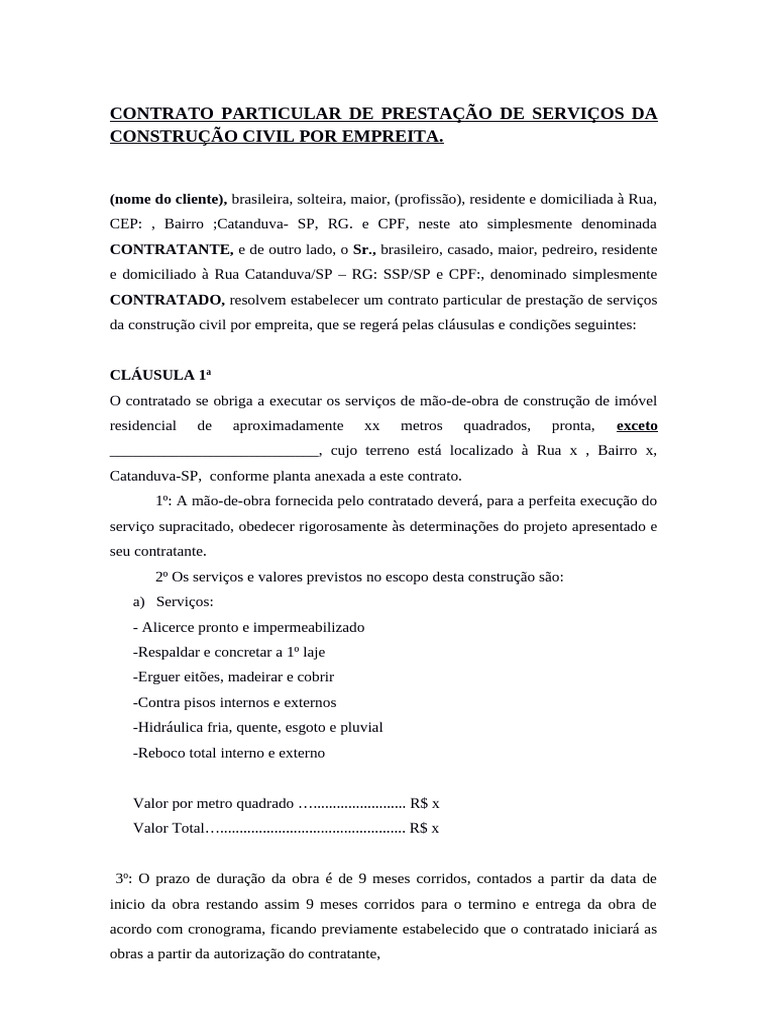 Contrato de Prestação de Serviços de Pedreiro | PDF