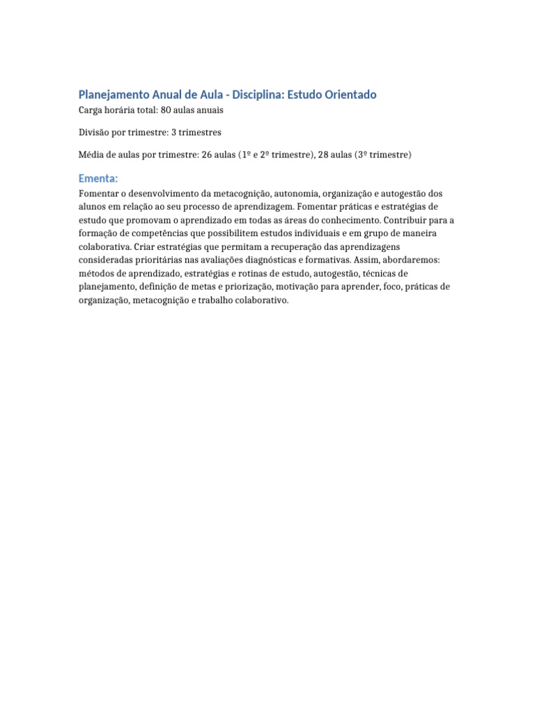 Planejamento Anual: Estudo Orientado | PDF | Metacognição | Aprendizado