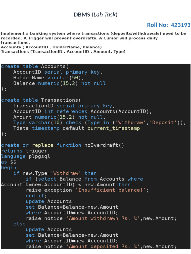 Banking System with Triggers and Cursors | PDF