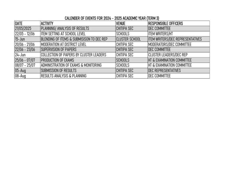 2024 - 2025 Term 3 - Dec - Calender of Events | PDF