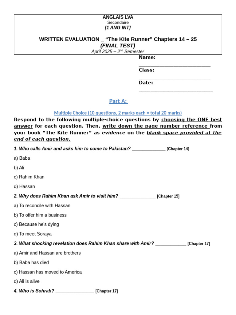 ANGLAIS LVA - 1 INT - FINAL TEST - THE KITE RUNNER - Sem - 2 | PDF ...