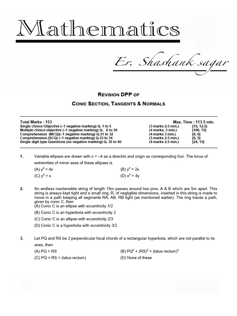DPP 11/12: Conic Sections Revision | PDF | Ellipse | Perpendicular