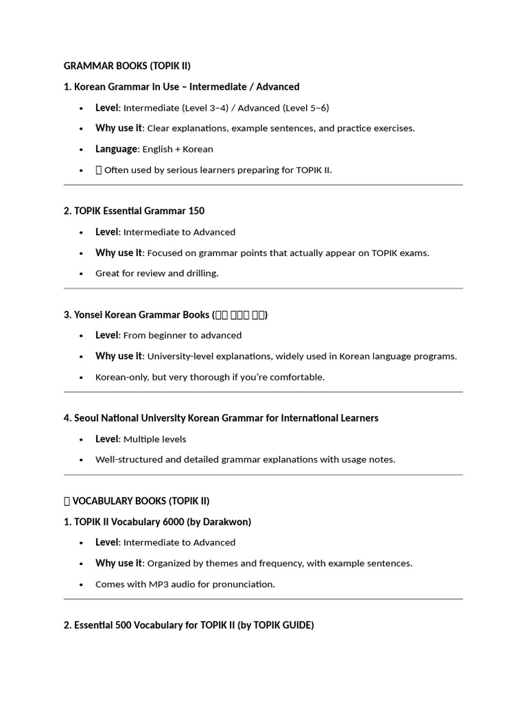 TOPIK II Grammar Resources Guide | PDF