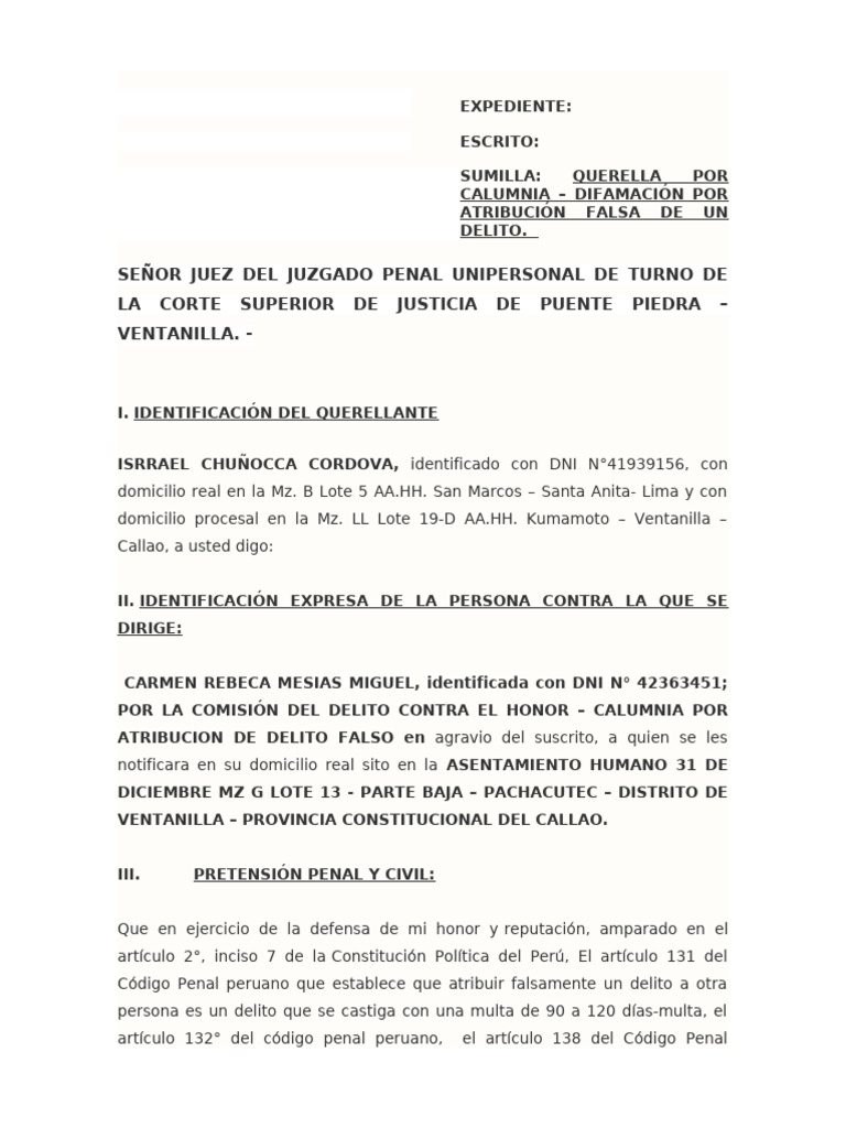 Querella por Calumnia y Difamación | PDF | Intención (Derecho Penal ...