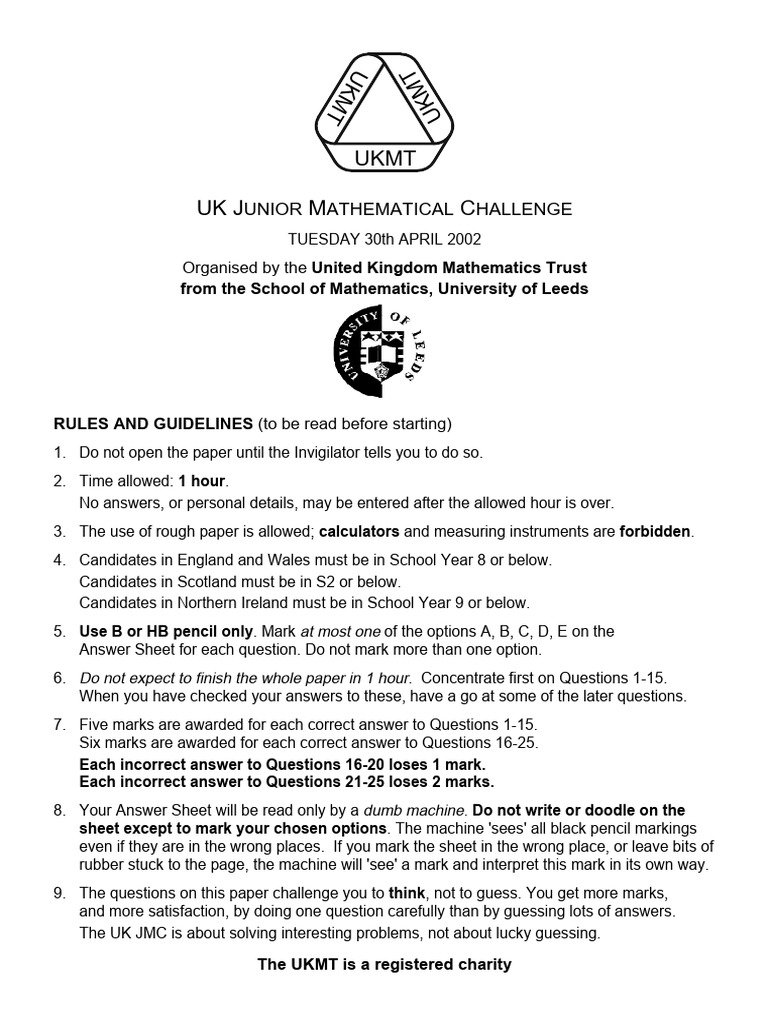 UK Junior Mathematical Challenge 2002 Rules | PDF | Euclidean Geometry ...