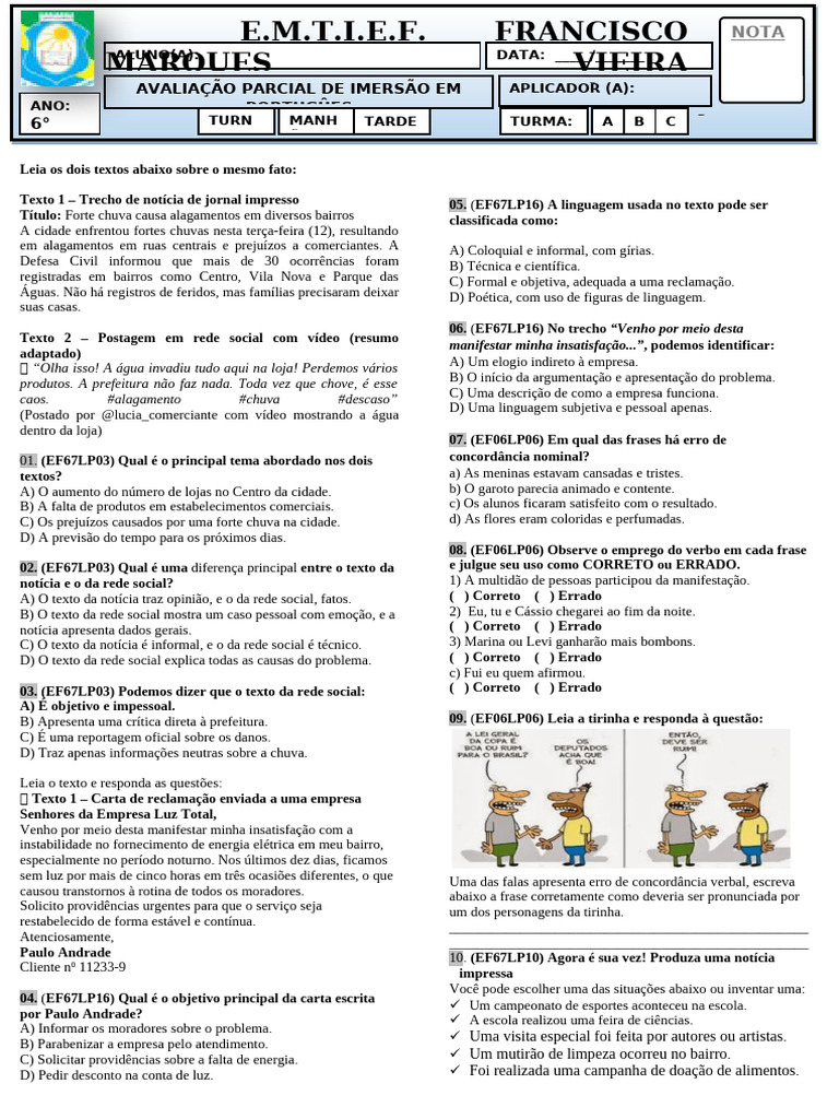 Simulado de Português 6º Ano (1) | PDF | Rede social