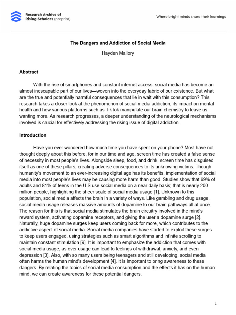 The Dangers and Addiction of Social Media PDF Reward System Dopamine