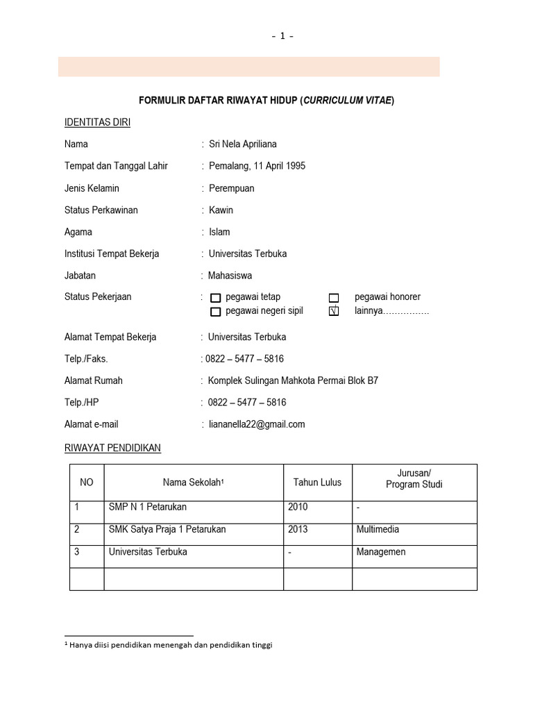 Contoh CV Mahasiswa Universitas Terbuka | PDF