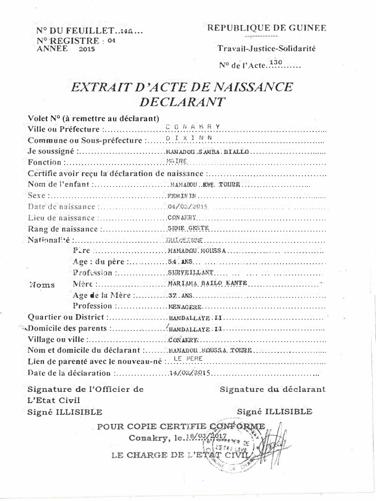 Extrait d'Acte de Naissance en Guinée | PDF