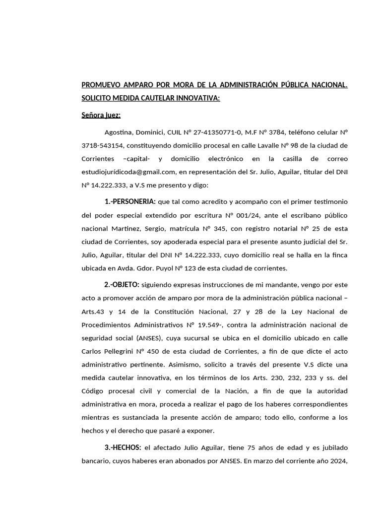 Amparo por Mora de ANSES: Medida Cautelar | PDF | Mandato | Justicia