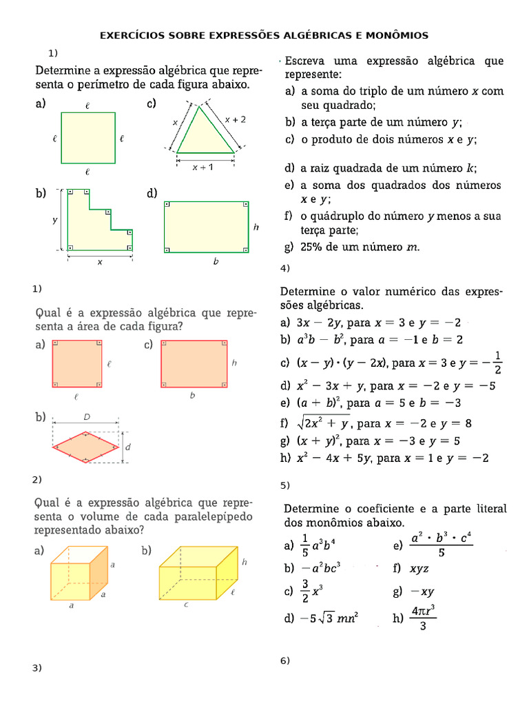 Exercícios Sobre Expressões Algébricas e Monômios | PDF