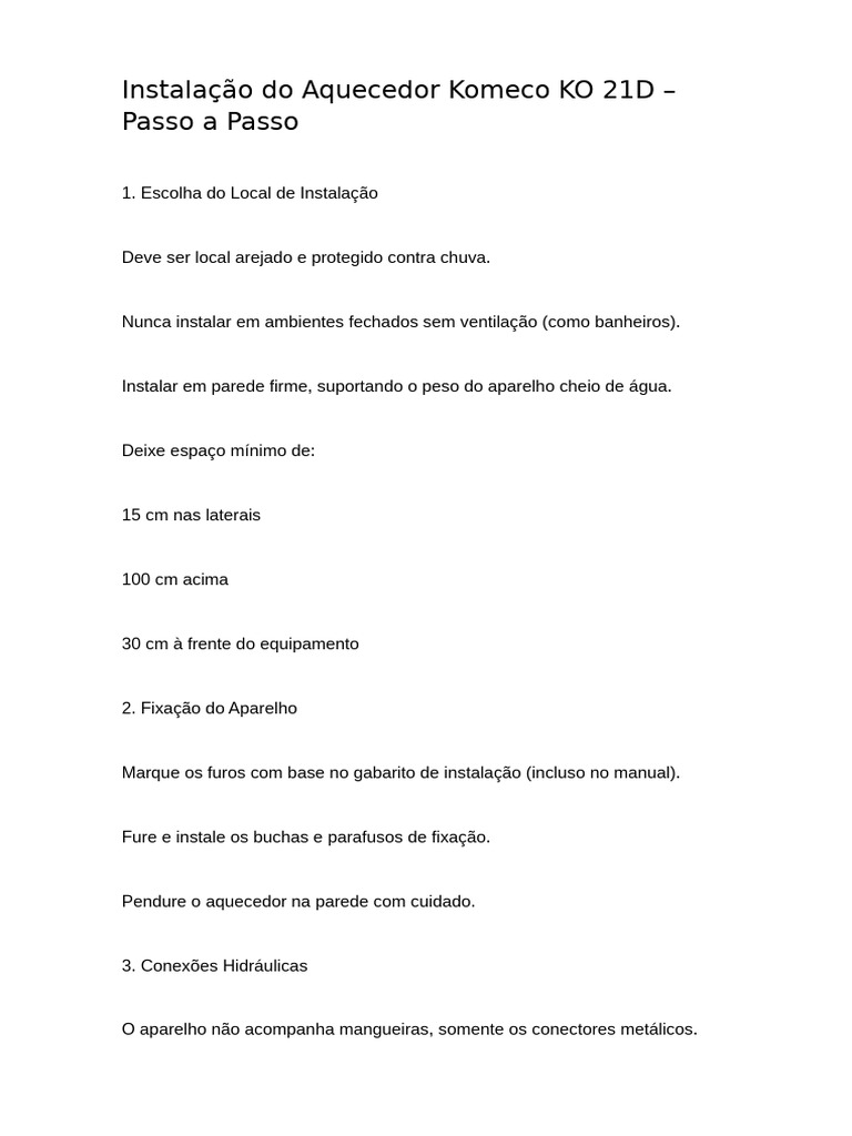 Instalação do Aquecedor Komeco KO 21D | PDF