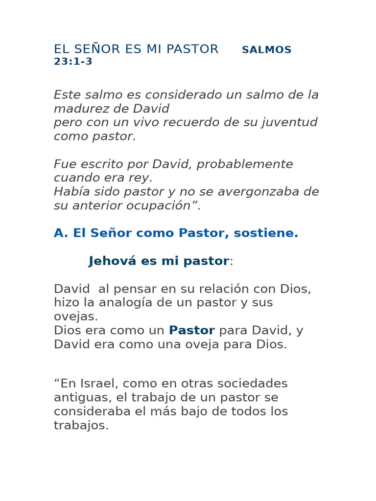 El Señor es mi Pastor: Salmo 23 | PDF | David
