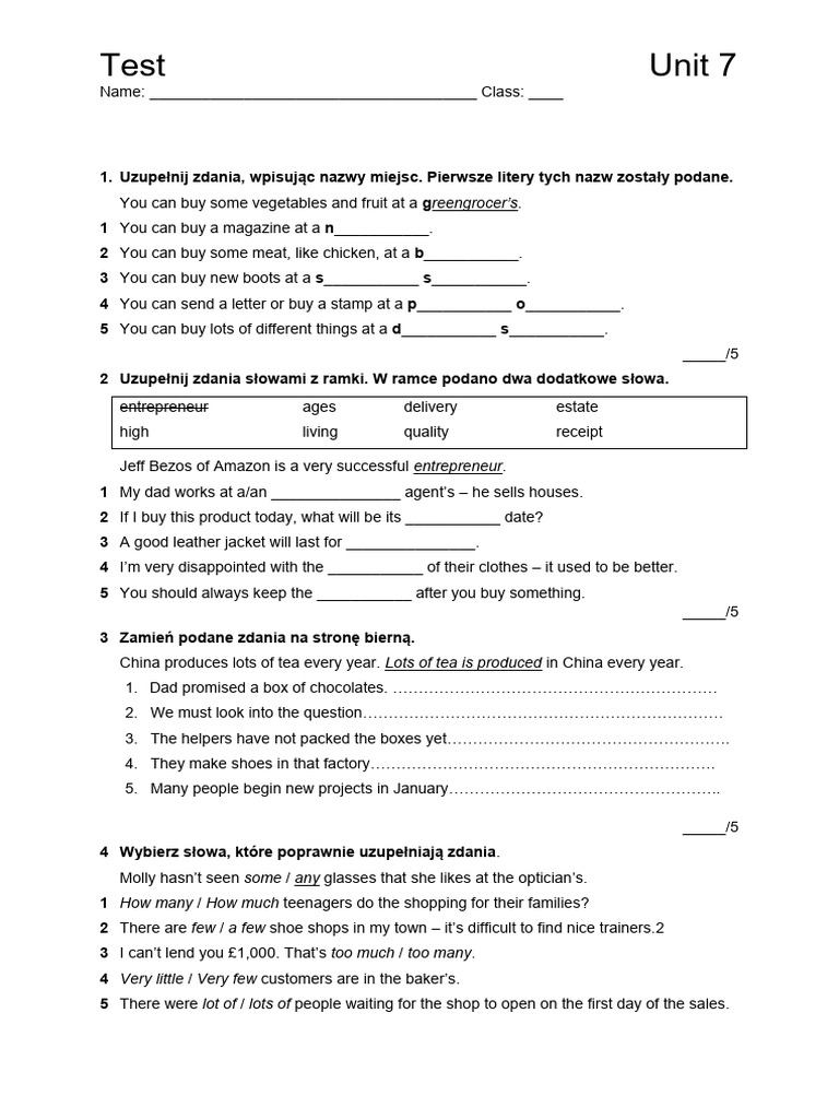 Focus 2 Unit 7 Test Overview | PDF | Shopping Mall | Retailing