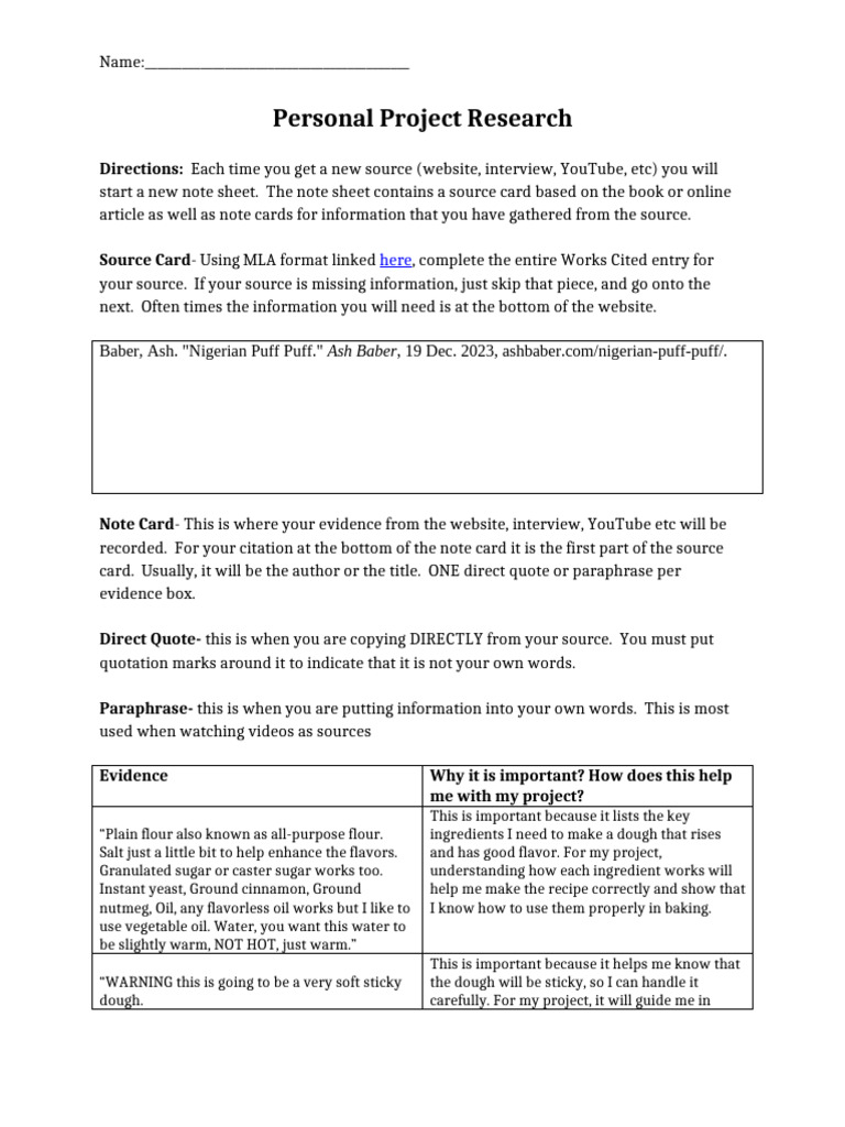 Personal Project Research Note Sheet (Puff Puff) | PDF | Foods | Cuisine