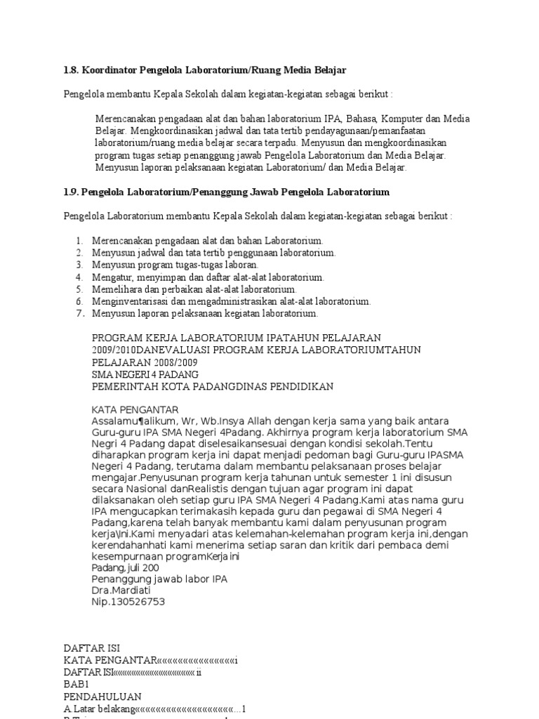 Program Kerja Kepala Laboratorium Ipa Sma Kumpulan Kunci