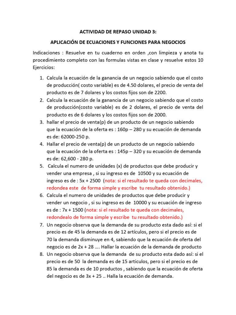 Actividad Repaso Unit 3 Ecuaciones Negocios | PDF | Economias