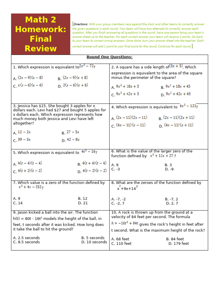 Math 2 Final Review HW | PDF | Foot (Unit) | Numbers