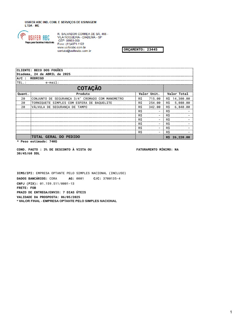 Proposta de Fornecimento - 23445 | PDF