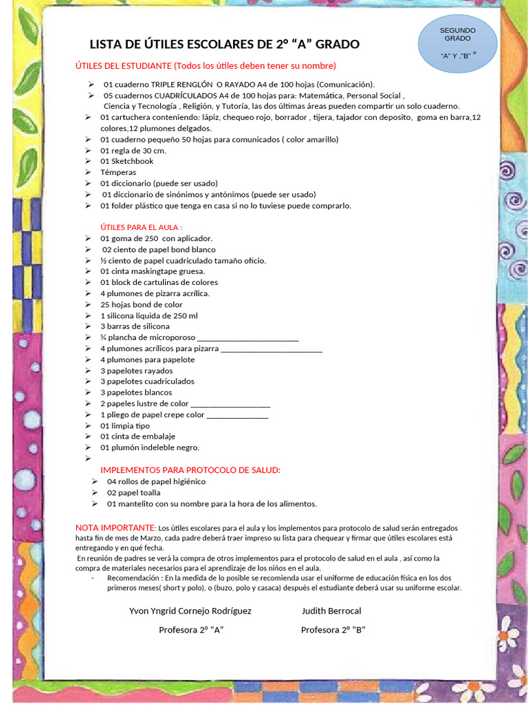 LISTA DE ÚTILES ESCOLARES DE 2° Grado | PDF