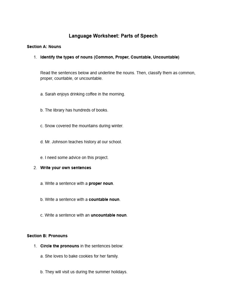 Parts of Speech Practice Worksheet | PDF | Noun | Semantic Units