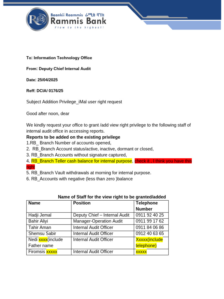 iMal User Right Request for Audit Staff | PDF