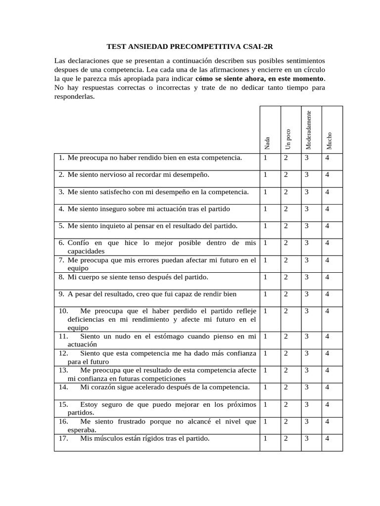 Test de Ansiedad Precompetitiva CSAI-2R | PDF | Salud mental | Las ...