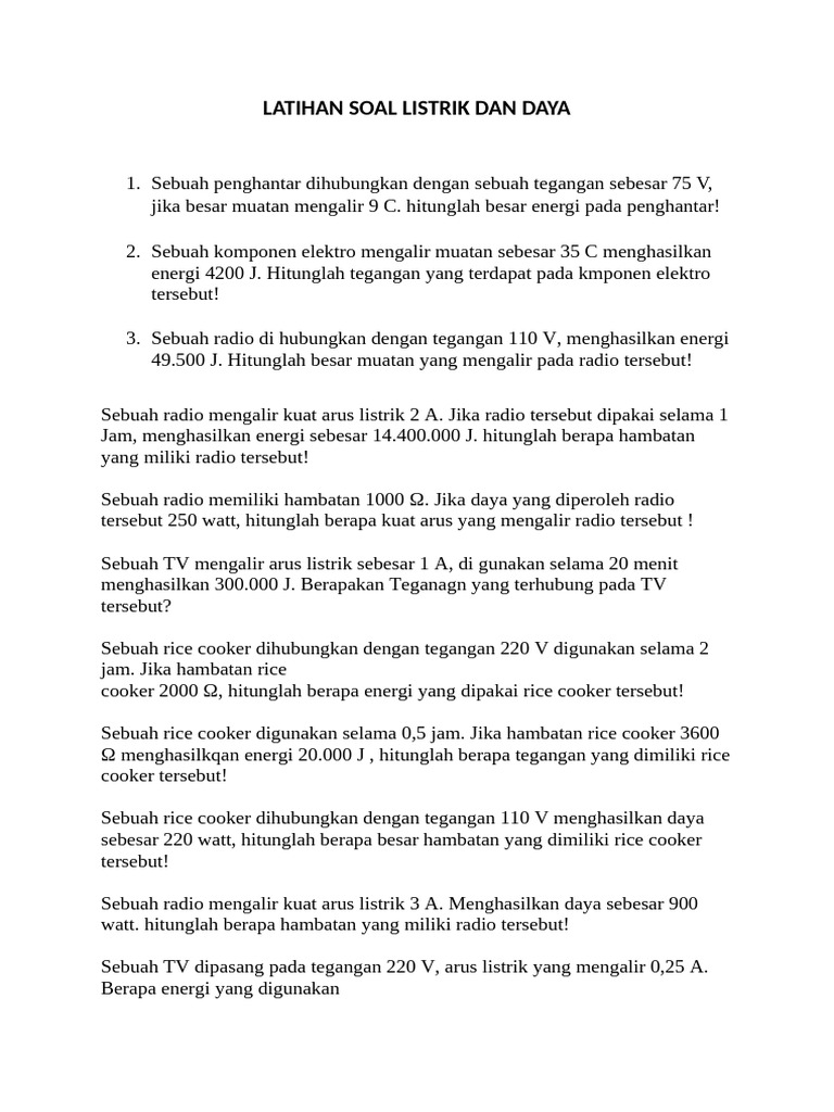 Soal Latihan Listrik dan Daya | PDF