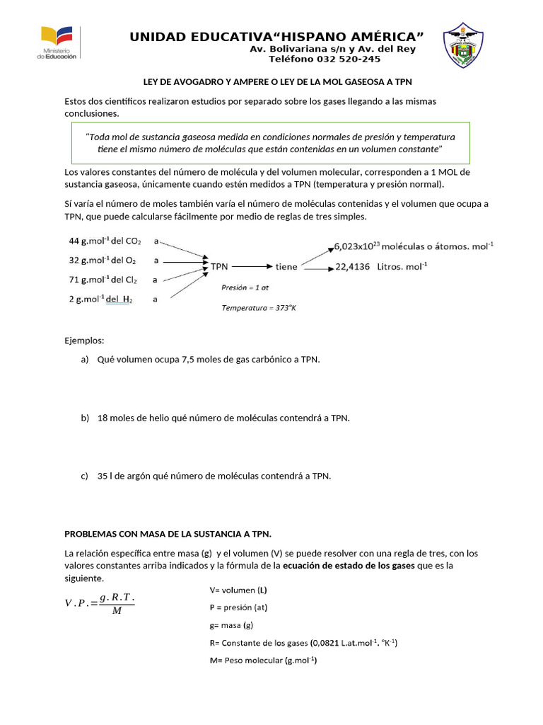 Ley de Avogadro y Cálculos de Gases | PDF | Mole (Unidad) | Gases