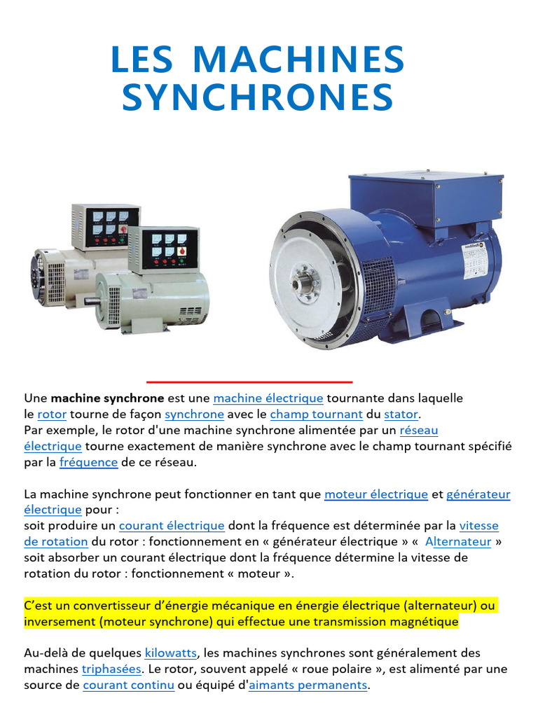 Machines Synchrones : Fonctionnement et Types | PDF | Générateur ...
