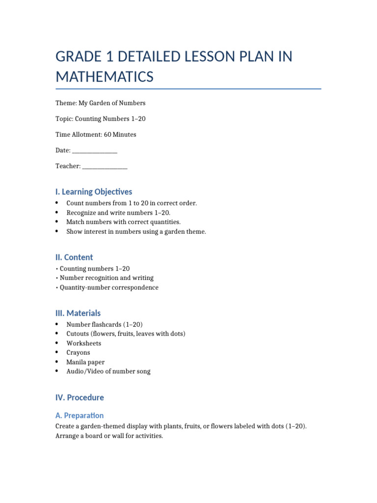 Grade 1 Math Lesson: Counting 1-20 | PDF | Learning
