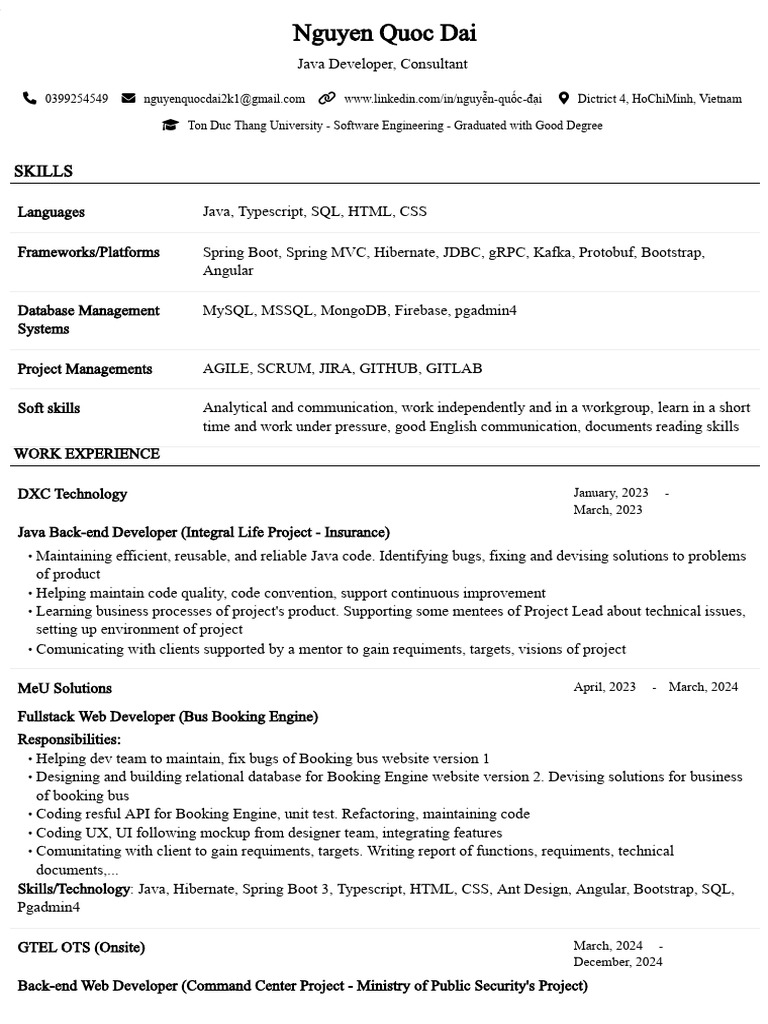 Java Developer Resume - Nguyen Quoc Dai | PDF | Microsoft Sql Server ...