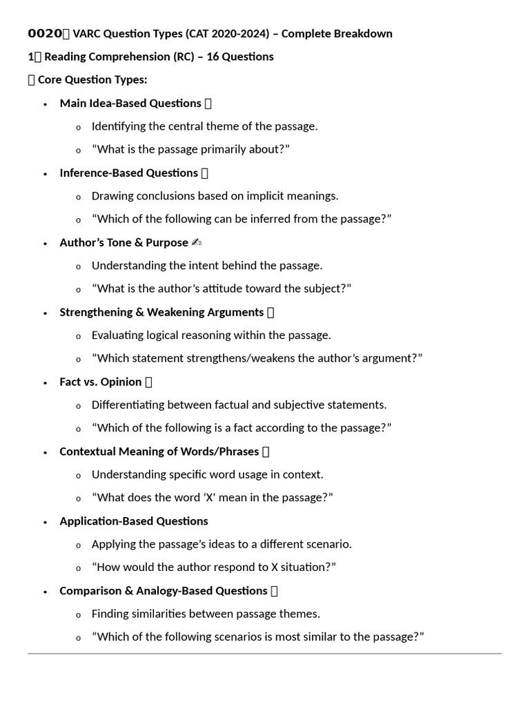 CAT VARC Question Types Breakdown | PDF | Argument | Reading Comprehension