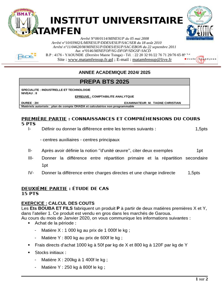Épreuve de Comptabilité Analytique BTS 2025 | PDF