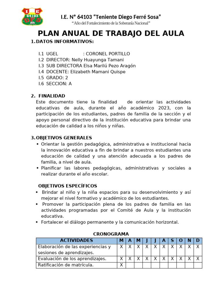 PLAN ANUAL DE TRABAJO DEL AULA 2°A | PDF | Salón de clases | Aprendizaje