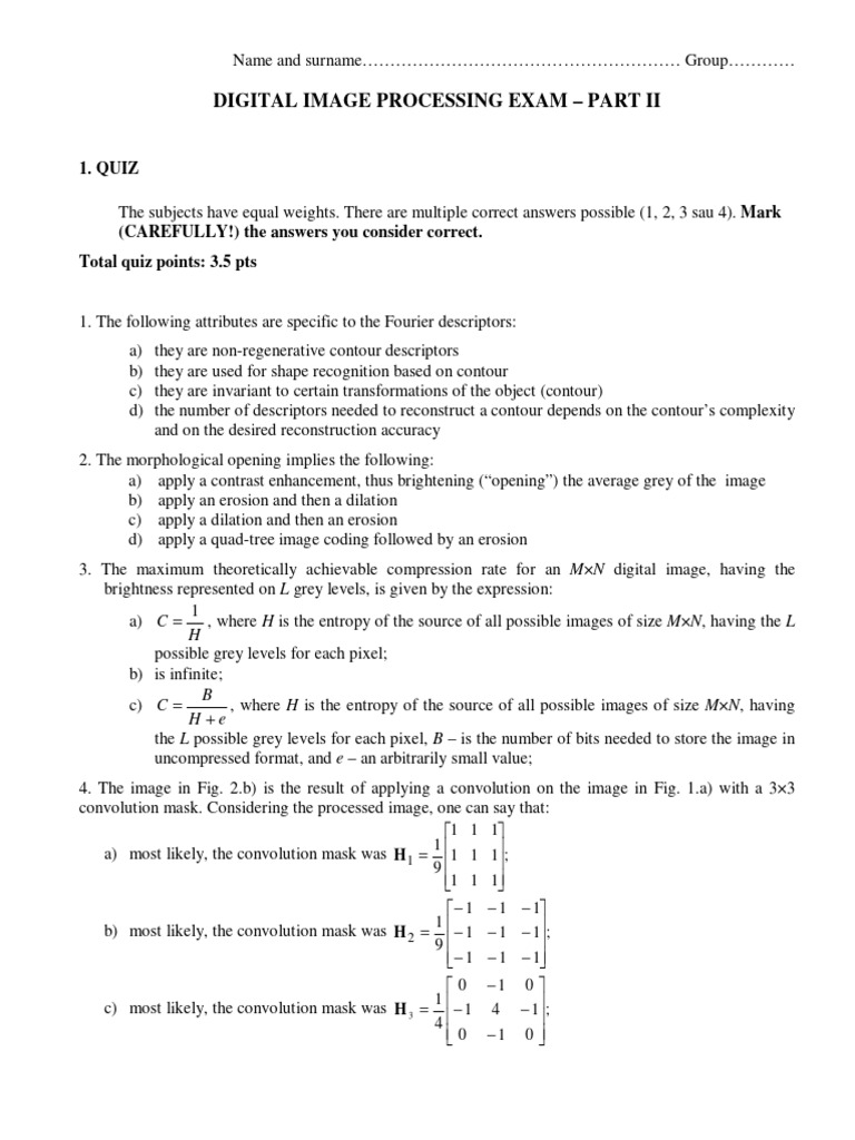 Digital Image Processing Exam Quiz | PDF | Computer Graphics | Applied ...