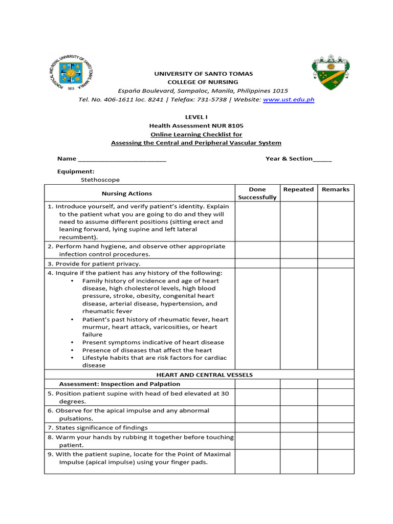 Checklist For Central & Peripheral Vascular Assessment | PDF | Heart ...
