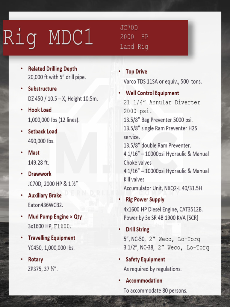 Specifications for Rig MDC1 Drilling System | PDF