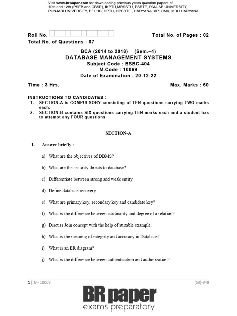 BCA Sem 4 Database Management Exam Guide | PDF | Databases ...