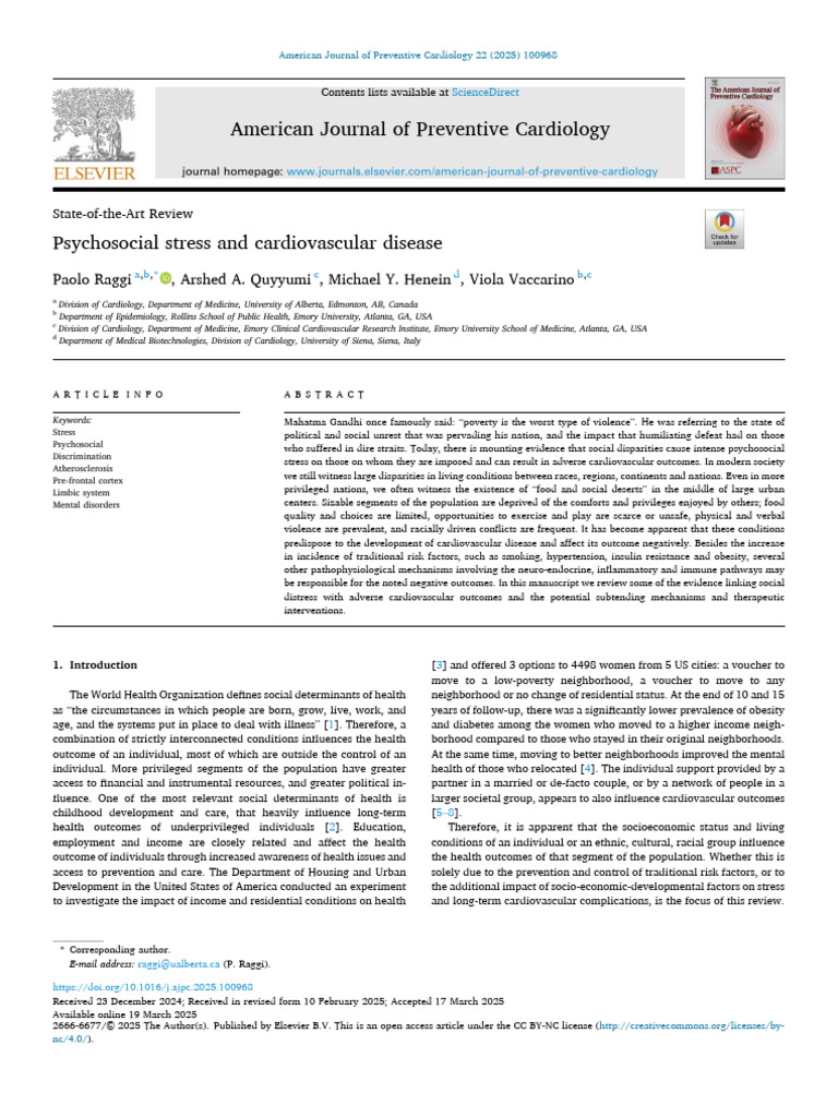 Psychosocial Stress and Heart Disease Review | PDF | Cardiovascular ...