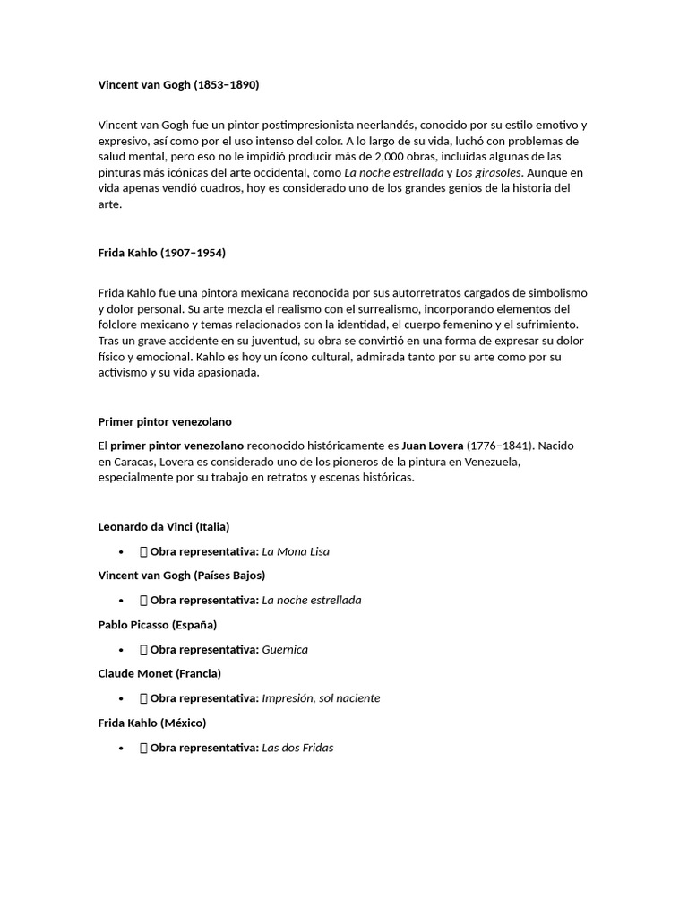 Artistas icónicos: Van Gogh y Kahlo | PDF