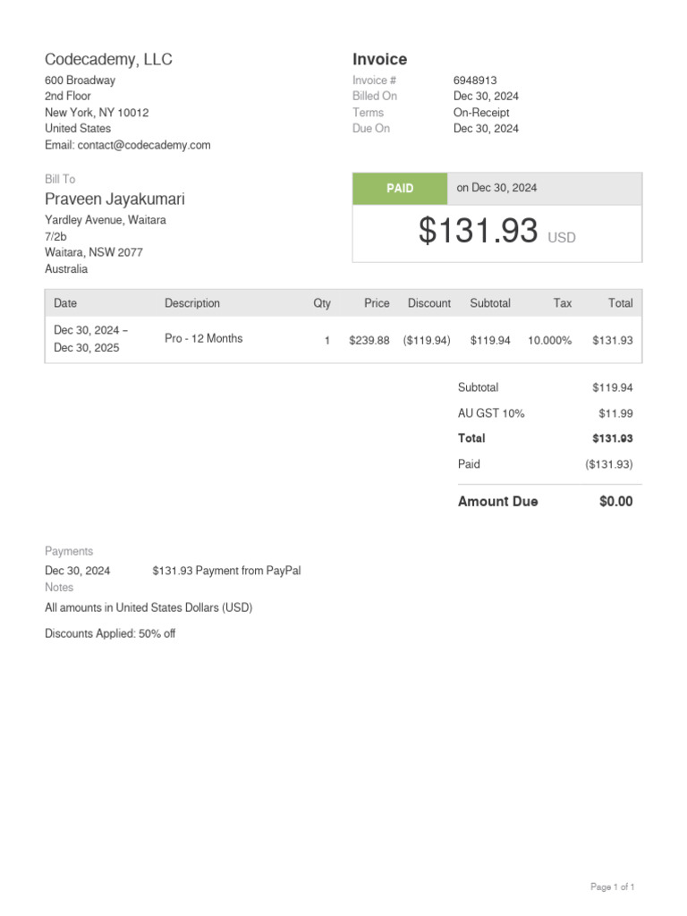 Codecademy Invoice with Discount Applied | PDF