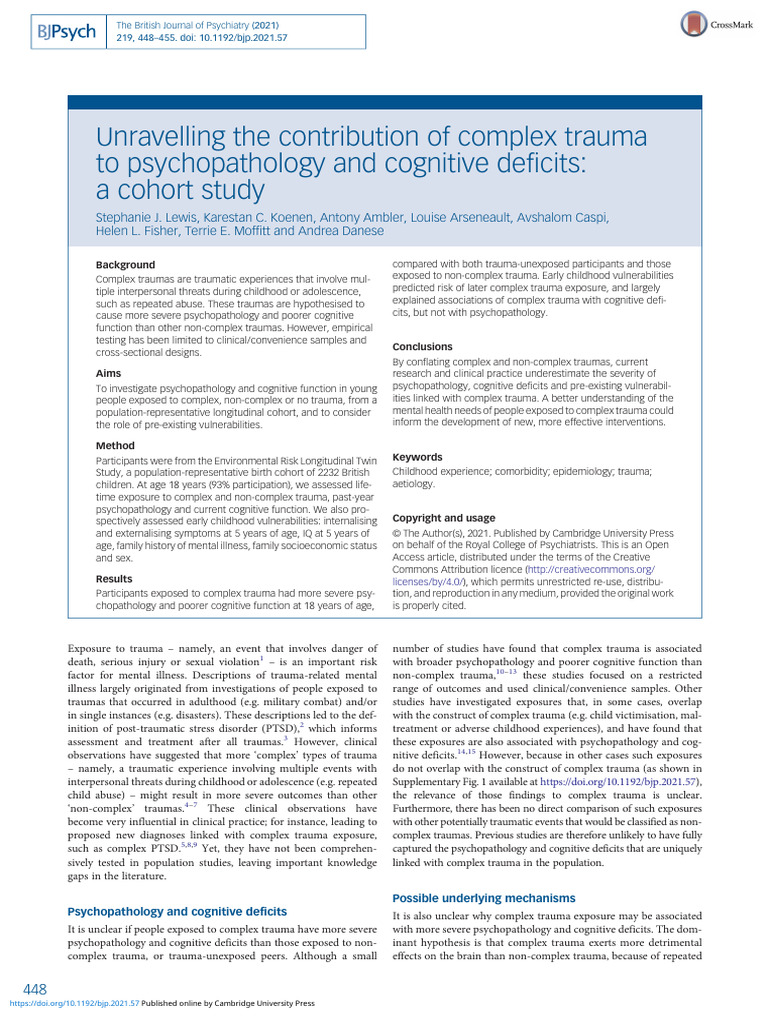 Unravelling The Contribution of Complex Trauma To Psychopathology and ...