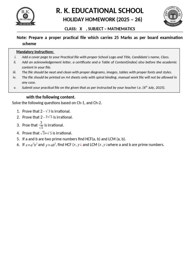 Class X Math Holiday Homework 2025-26 | PDF